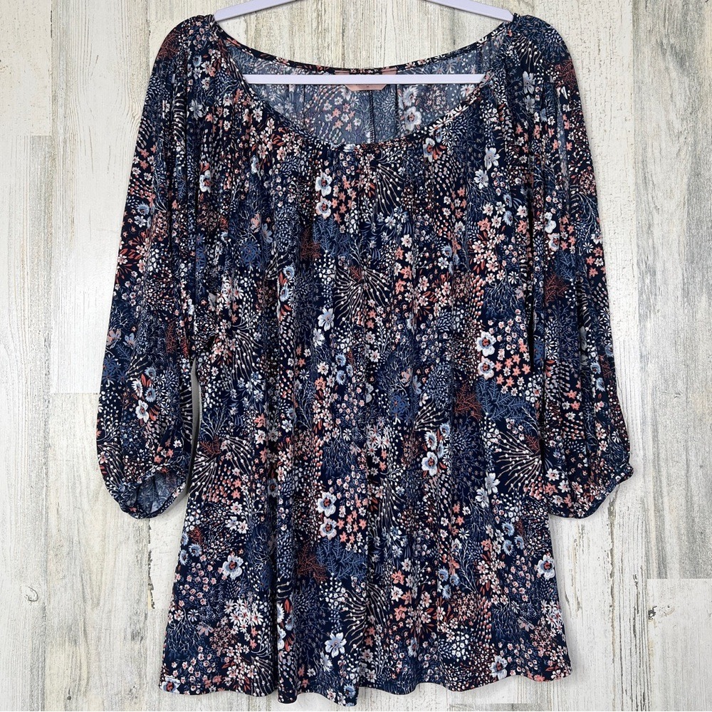 Amana Women's 2X‎ Floral 3D Art Jersey Stretch Shirt Blouse Top Keyhole Sleeve
